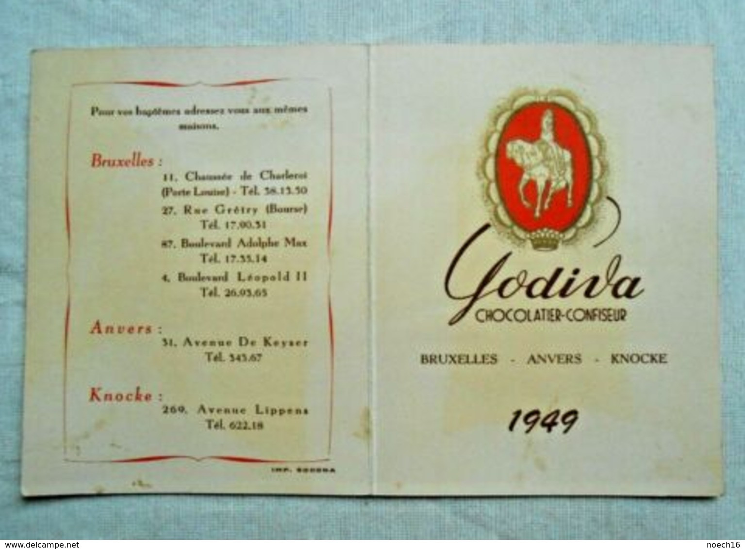 Calendrier De Poche/publicité/ 1949/ Chocolatier Godiva/ Bxl, Anvers, Knocke - Petit Format : 1941-60