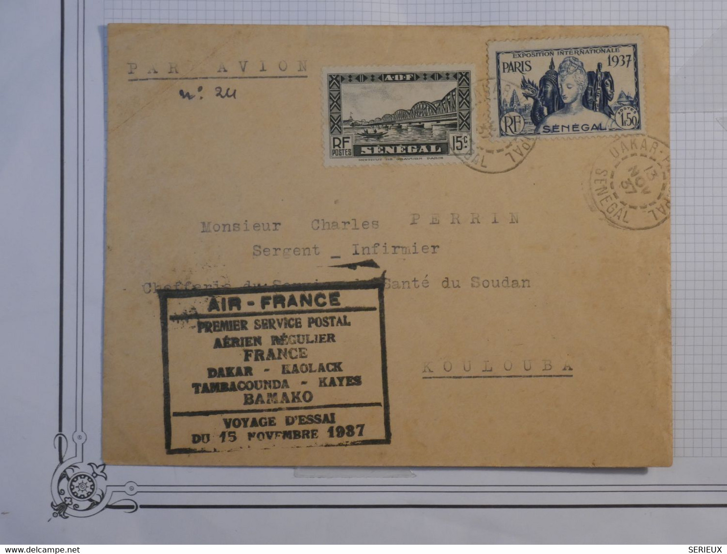 BK8  SENEGAL BELLE  LETTRE RARE  1937 1ER VOL D ESSAI .+ KOLOUBA + AIR FRANCE ++AFFR. PLAISANT ++ - Posta Aerea