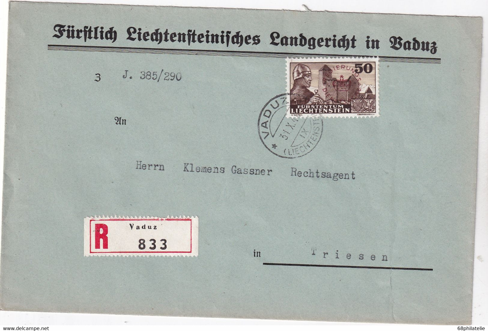 LIECHTENSTEIN LETTRE RECOMMANDEE DE VADUZ AVEC TIMBRE DE SERVICE 1940 - Official