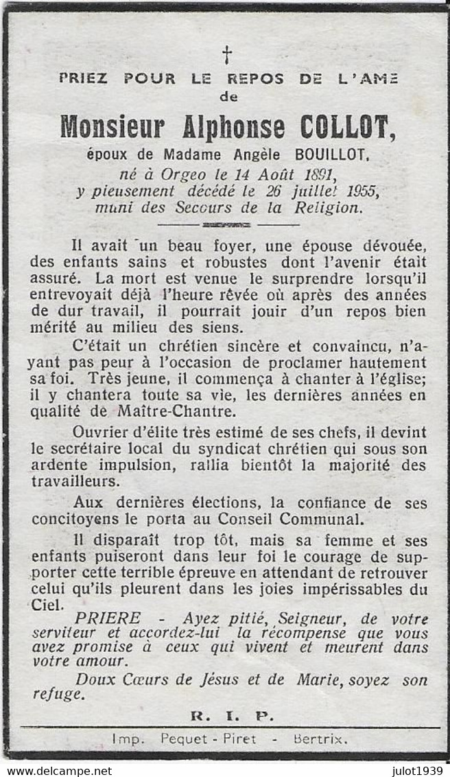 ORGEO . BERTRIX ..-- Mr Alphonse COLLOT , époux De Mme Angèle BOUILLOT , Né En 1891 , Décédé En 1955 à ORGEO . - Bertrix