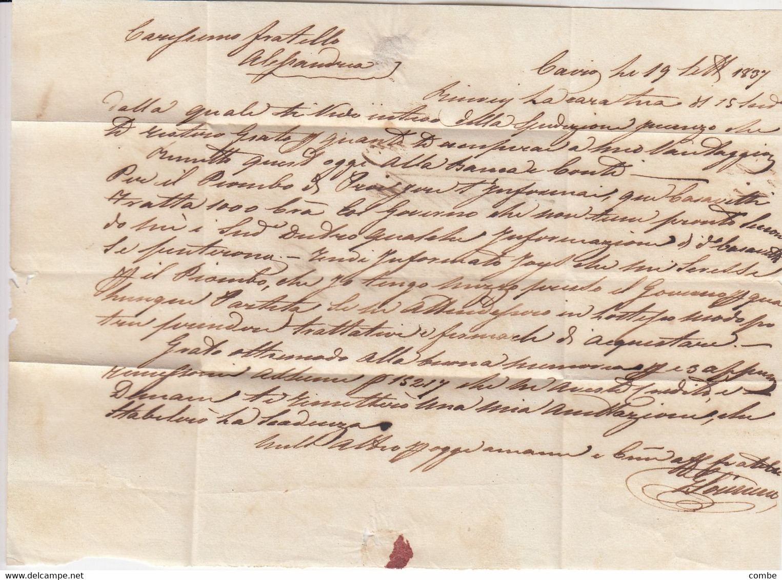 OLD LETTER. EGYPT.  1837. CAIRO TO J. SONNINO, ALESSANDRIA. TEXT IN ITALIAN - Prefilatelia