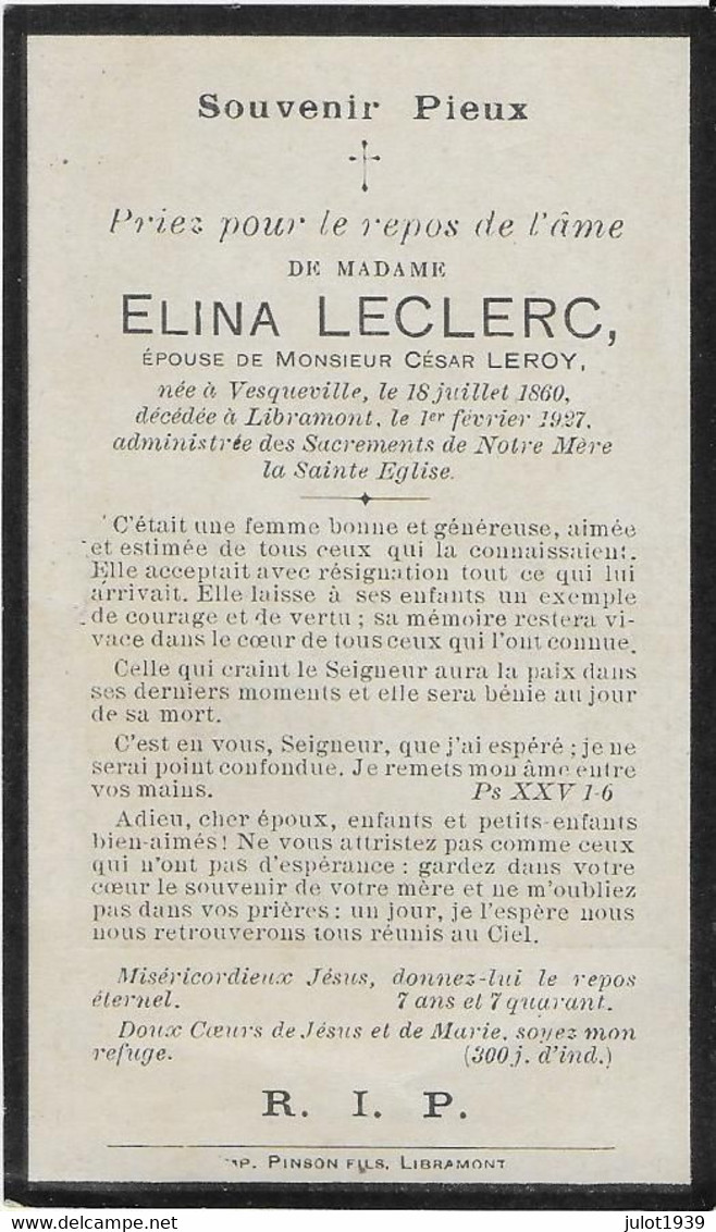 VESQUEVILLE ..-- Mme Elina LECLERC , épouse De Mr César LEROY , Née En 1860 , Décédée En 1927 à LIBRAMONT . - Saint-Hubert