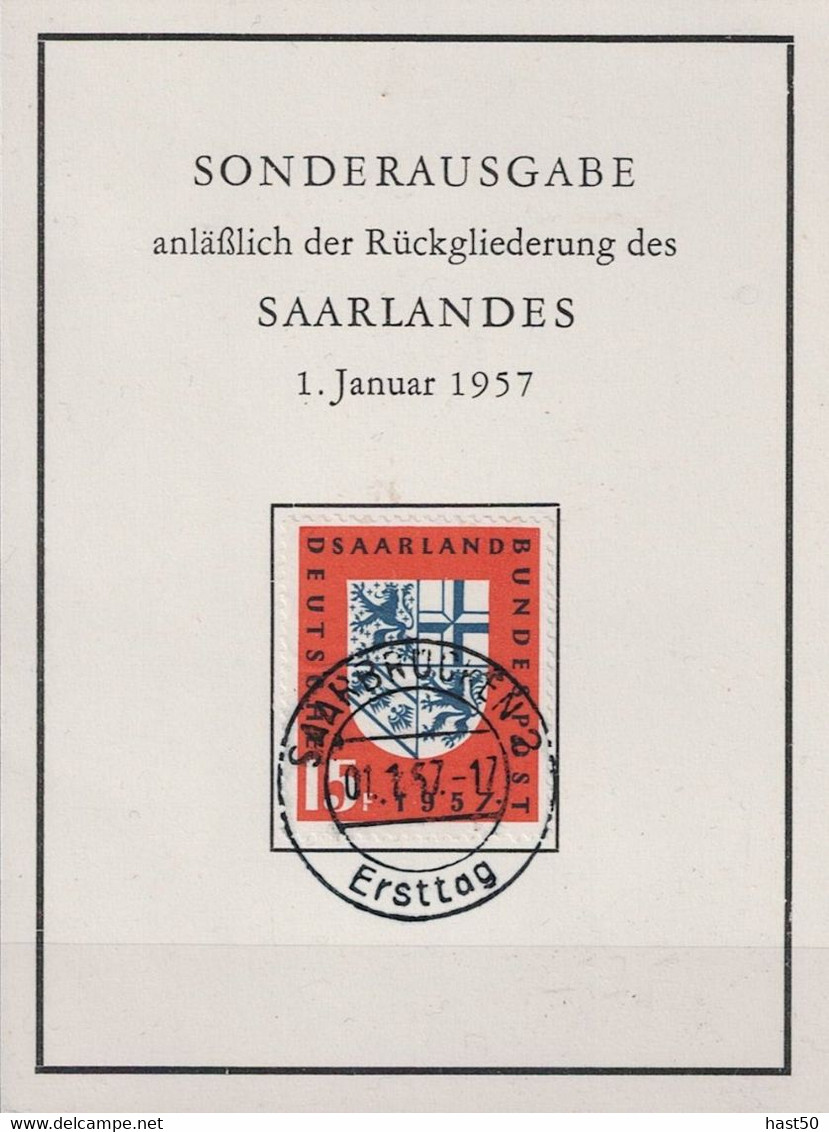 Saargebiet Saar Sarre - Eingliederung Saarlandes In BRD (MiNr: 379) 1957 - Ersttagskärtchen - Brieven En Documenten