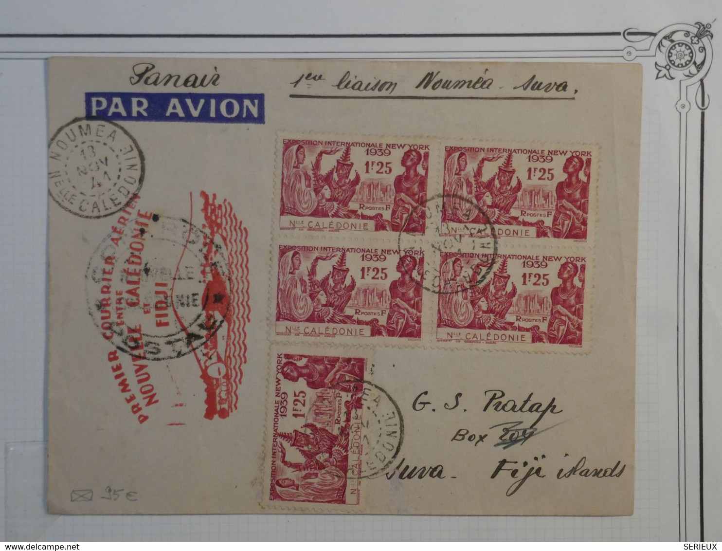 C  NOUVELLE CALEDONIE  BELLE  LETTRE  1939  1ERE LIAISON AERIEN. NOUMEA A SUVA  AU FIDJI !!!+ BLOC  4 N° 173  +++ - Storia Postale