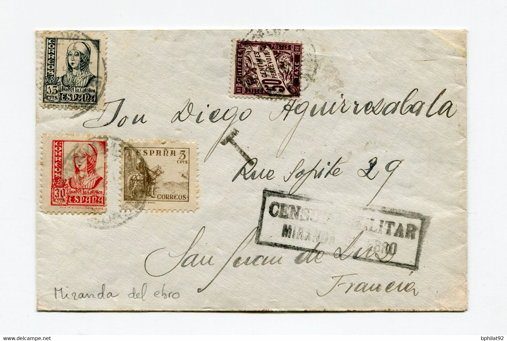 !!! GUERRE D'ESPAGNE, LETTRE DE MIRANDA DEL EBRO POUR LA FRANCE DE 1937, TAXE ABUSIVE A L'ARRIVEE A 50C - Marcas De Censura Nacional