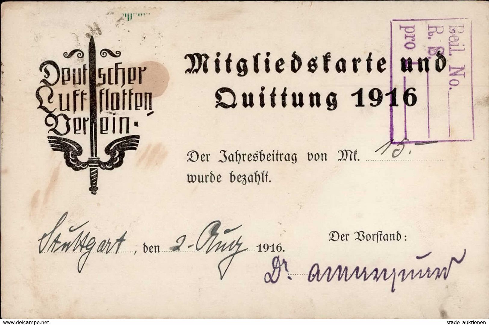 Flugwesen Deutscher Luftflotten Verein Mitgliedskarte Und Quittung 1916 II (fleckig, Eckbug) Aviation - Other & Unclassified