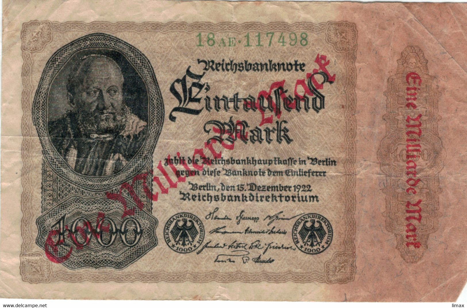 Deutschland 15.12.1922 - 1 Milliarde Mark - Überdruckprovisorium - Georg Pencz - 1 Mrd. Mark