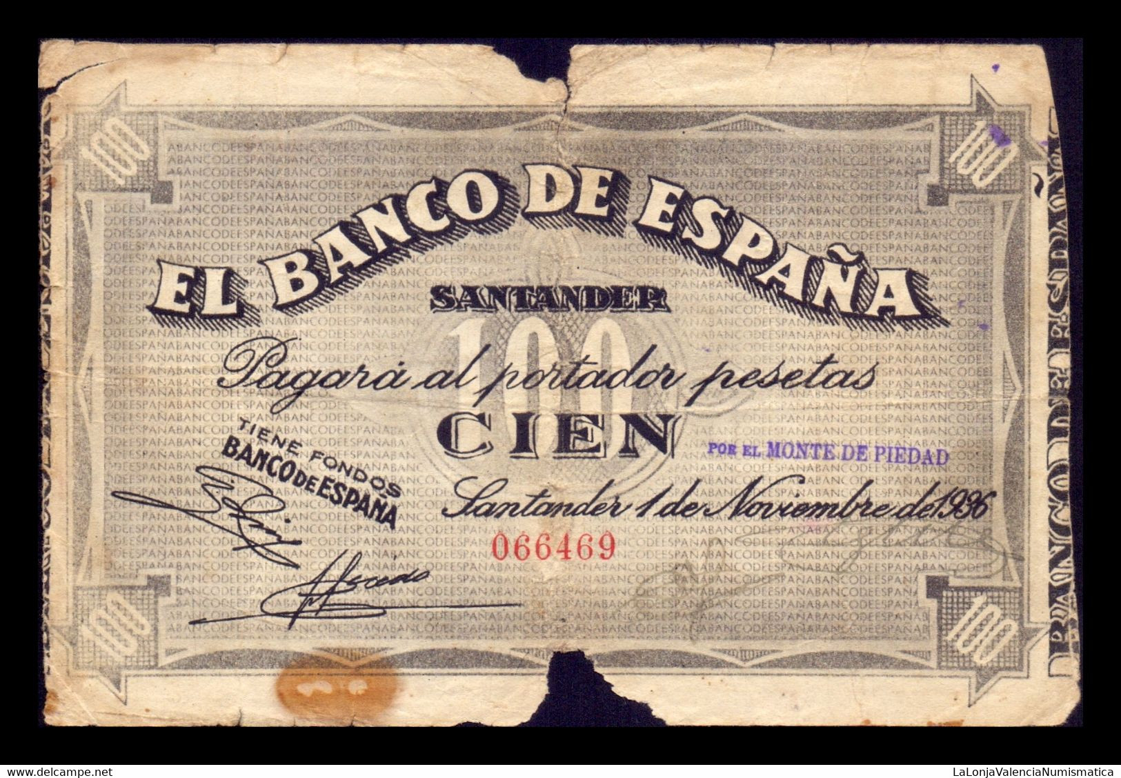 España Spain Guerra Civil 100 Pesetas Santander 1936 Pick S585f BC/MBC F/VF - 100 Pesetas