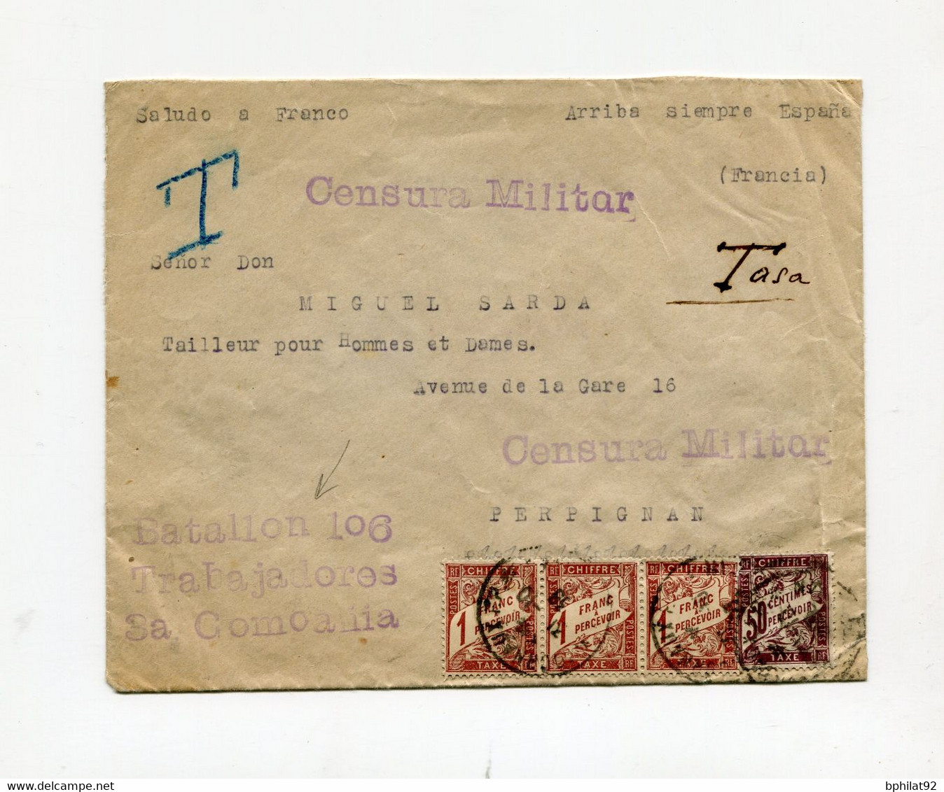 !!! GUERRE D'ESPAGNE, LETTRE NATIONALISTE EN FRANCHISE DU BATAILLON 106 POUR PERPIGNAN, TAXEE A 3,50F A L'ARRIVEE - Military Service Stamp