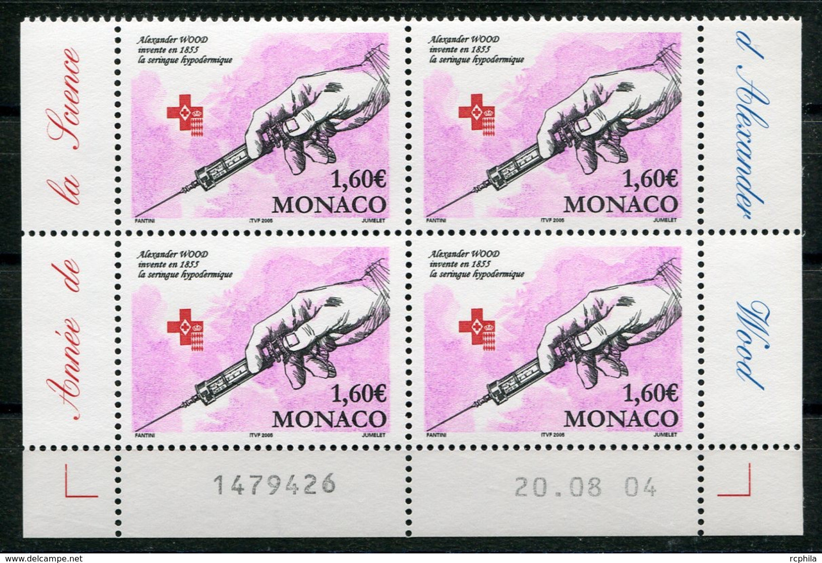 RC 18190 MONACO N° 2477 INVENTION DE LA SERINGUE HYPODERMIQUE BLOC DE 4 COIN DATÉ NEUF ** TB - Neufs