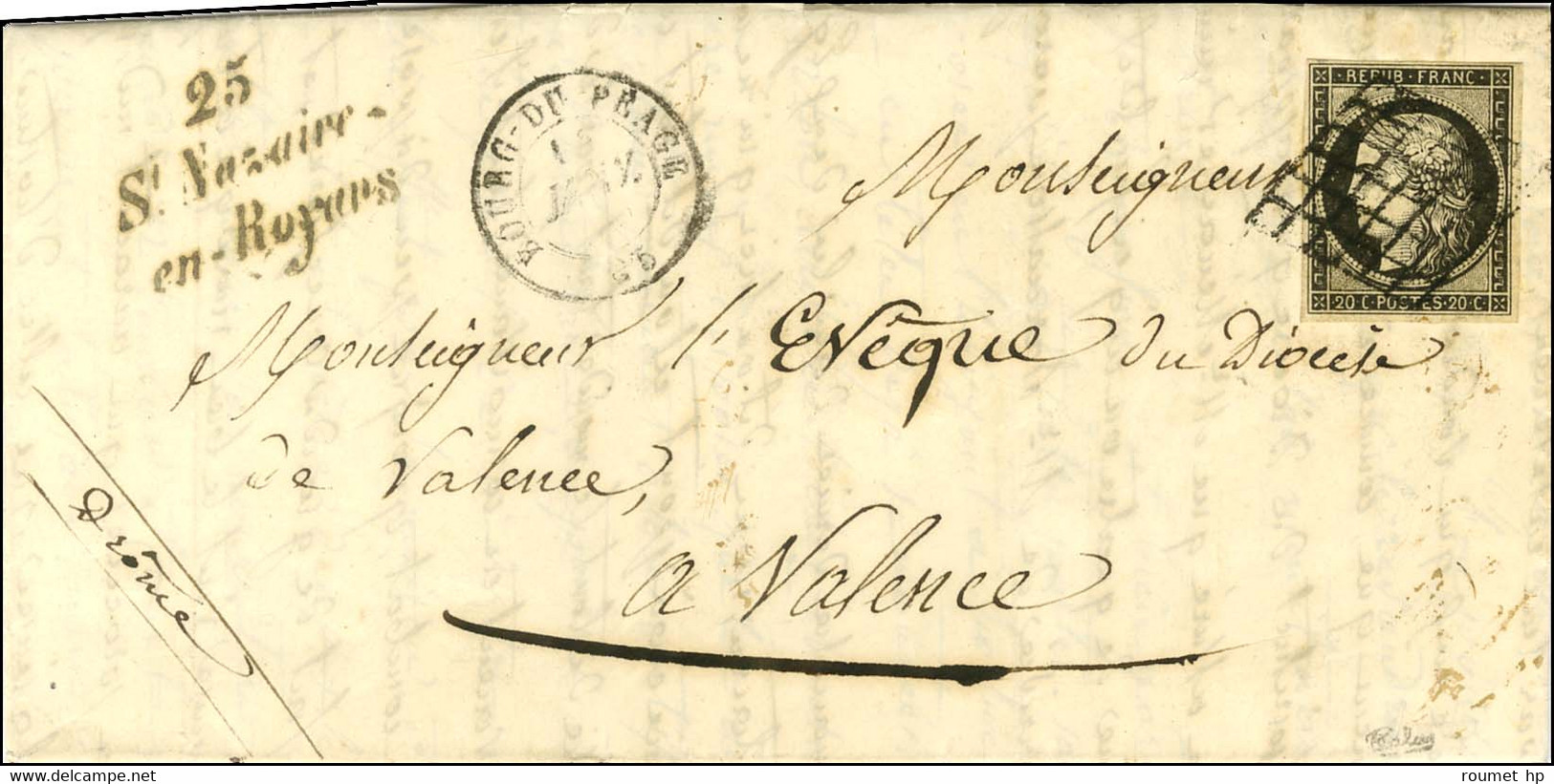 Grille / N° 3 Belles Marges Càd T 15 BOURG-DU-PÉAGE 25, Cursive 25 / St Nazaire- / En-Royans Sur Lettre Avec Texte Pour  - 1849-1850 Cérès