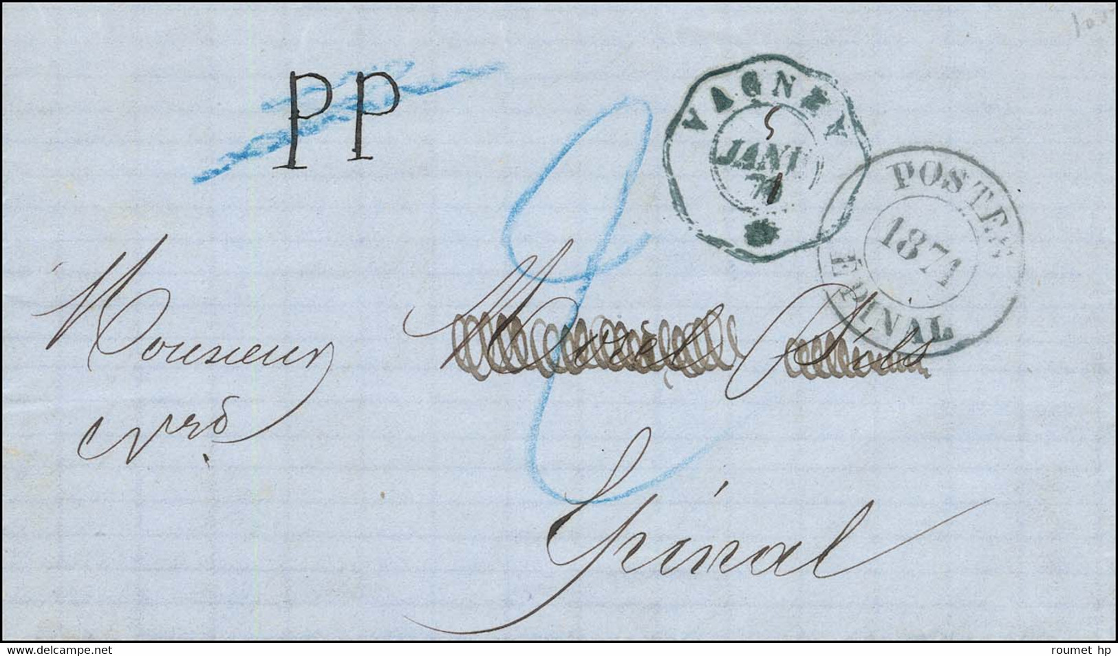 Cachet Télégraphique Bleu VAGNEY * 5 JANV. 71 + PP (manuscrit) Sur Lettre Avec Texte Pour Epinal. Au Recto Cachet Provis - War 1870