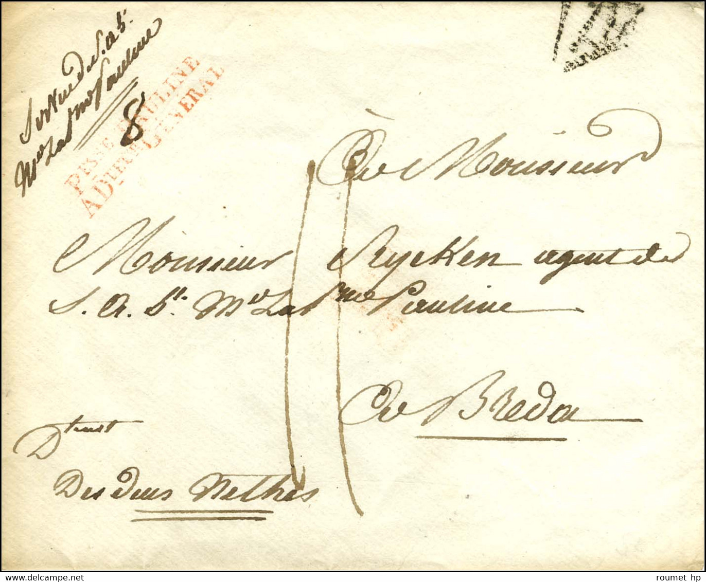 ' Pesse PAULINE / ADteur GÉNÉRAL ' (rouge) + Mention Manuscrite '' Service De S.A.I Mme La Pesse Pauline '' Sur Envelopp - Marques D'armée (avant 1900)