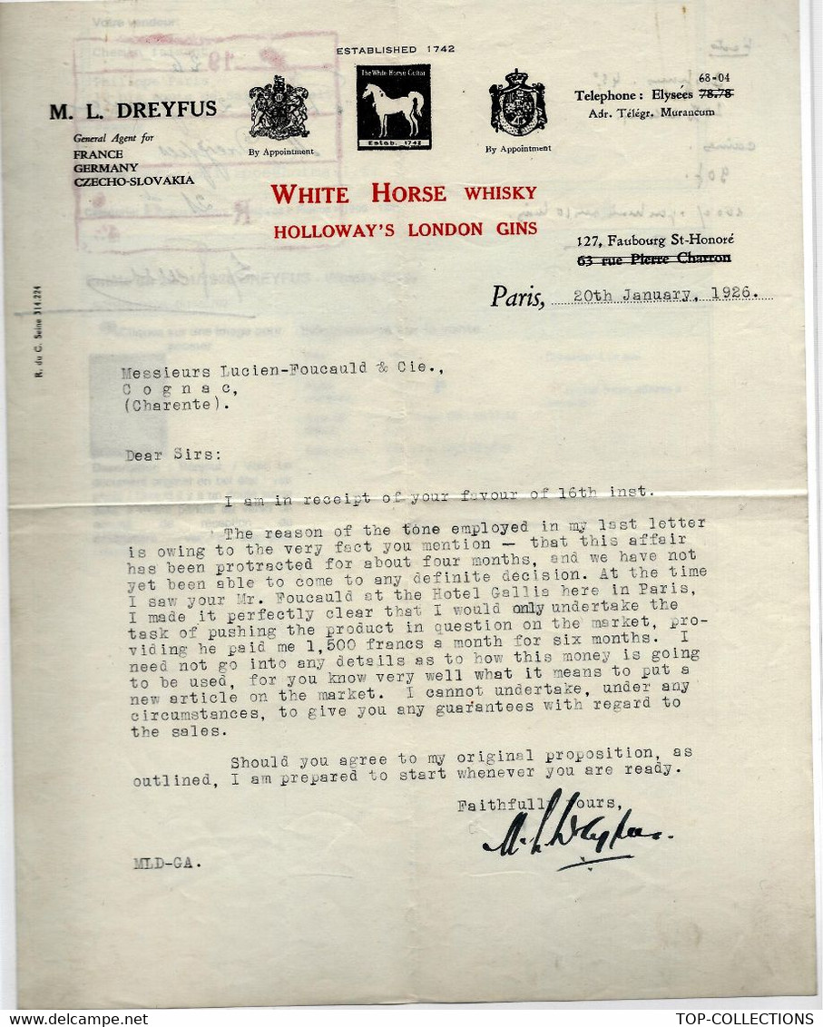 1926 ALCOOL COGNAC LETTRE En Anglais Paris  ENTETE M.L. DREYFUS WHITE HORSE WHISKY Pour Foucauld Cognac Charente B.E. - 1900 – 1949