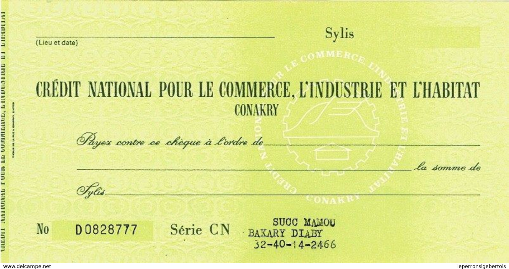 Chèque N° D0828777  Crédit Pour Le Commerce, L'Industrie Et L'habitat  - CONAKRY - Chèques & Chèques De Voyage