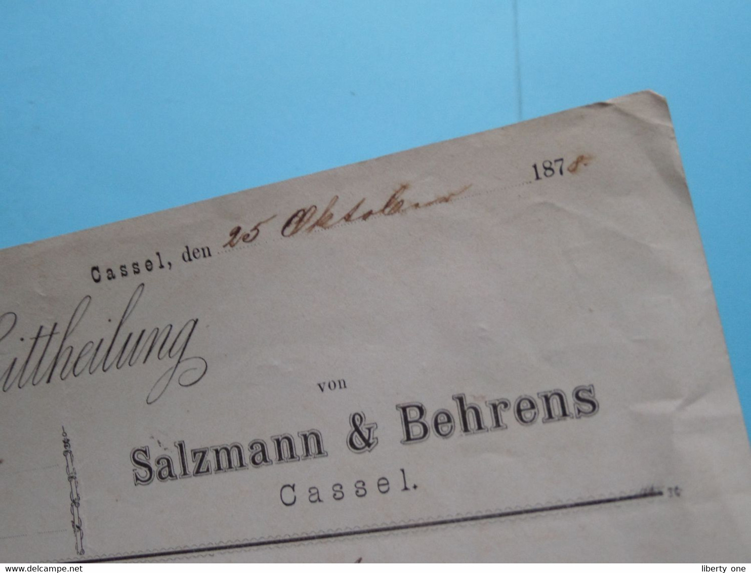 SALZMANN & BEHRENS Von CASSEL > Mittheilung ( Sehen Sie Scan ) Anno 187? ! - 1800 – 1899