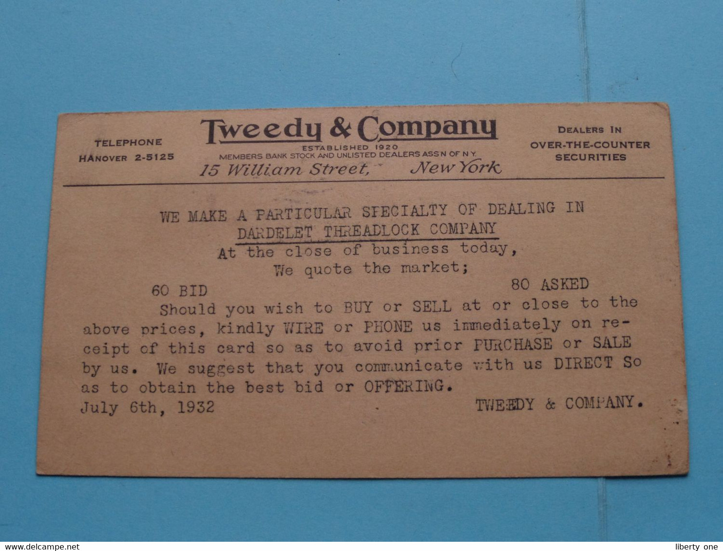 TWEEDY & Company 15 William Street New York > 1932 To Asnieres France ( See Scans ) Commercial Card ! - Verenigde Staten