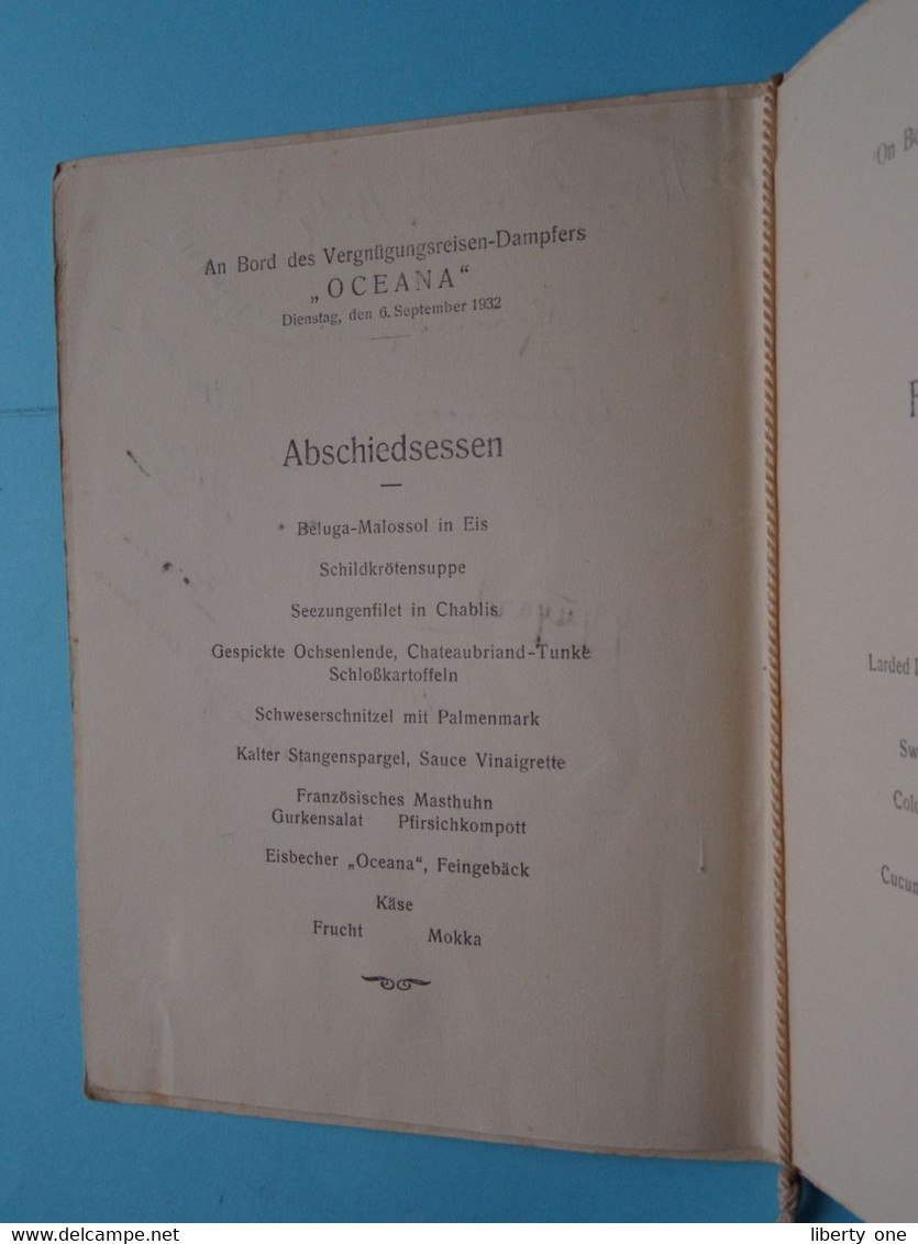 Hamburg-Amerika Linie " OCEANA " 6 Sept 1932 Abschiedsessen / Farewell Dinner ( Voir / See Scan ) Froissé / Signature ! - Menus