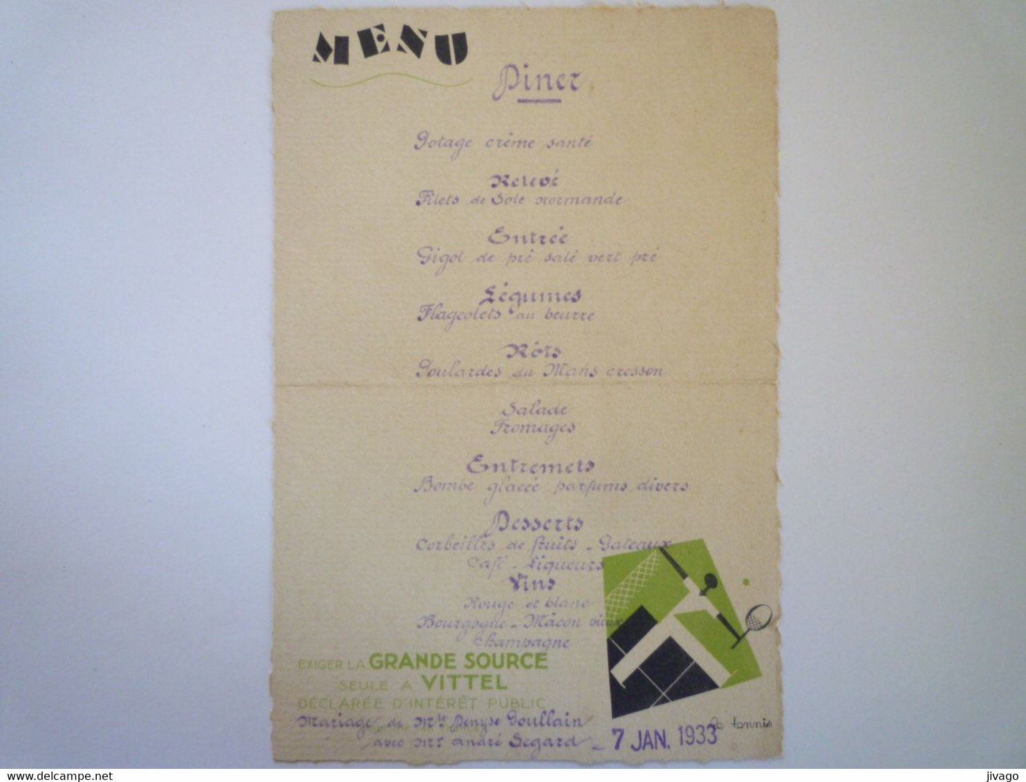 2022 - 4820  MENU De  MARIAGE  1933   XXX - Menus