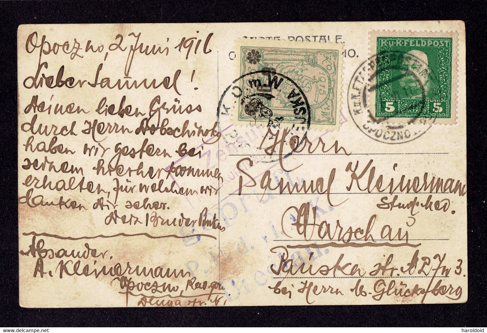 MARCOPHILIE AFFRANCHISSEMENT MIXTE AUTRICHE HONGRIE ET POSTE LOCALE POLOGNE + 2 MARQUES DE CENSURE - 2/6/1916 - Storia Postale