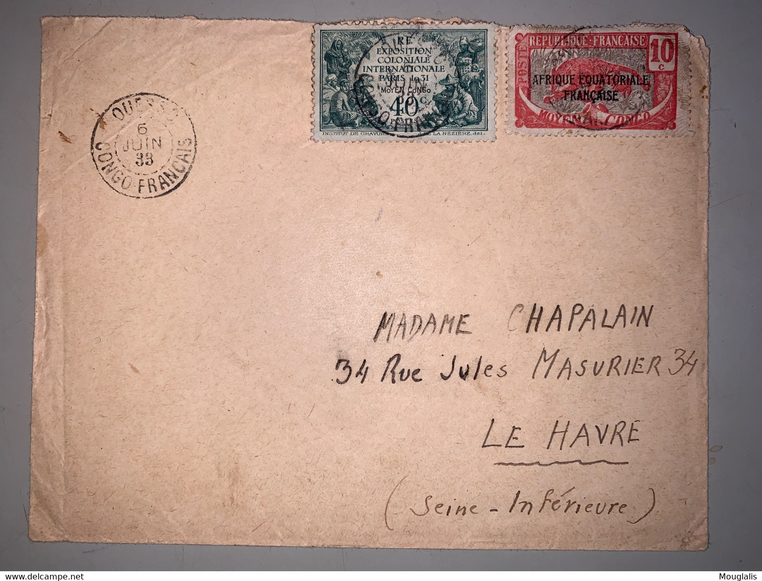 COLONIES AEF CONGO 3 Juin 1933 Enveloppe De Ouesso Vers Le Havre Timbres No 93 Et 109 Yvert - Cartas & Documentos