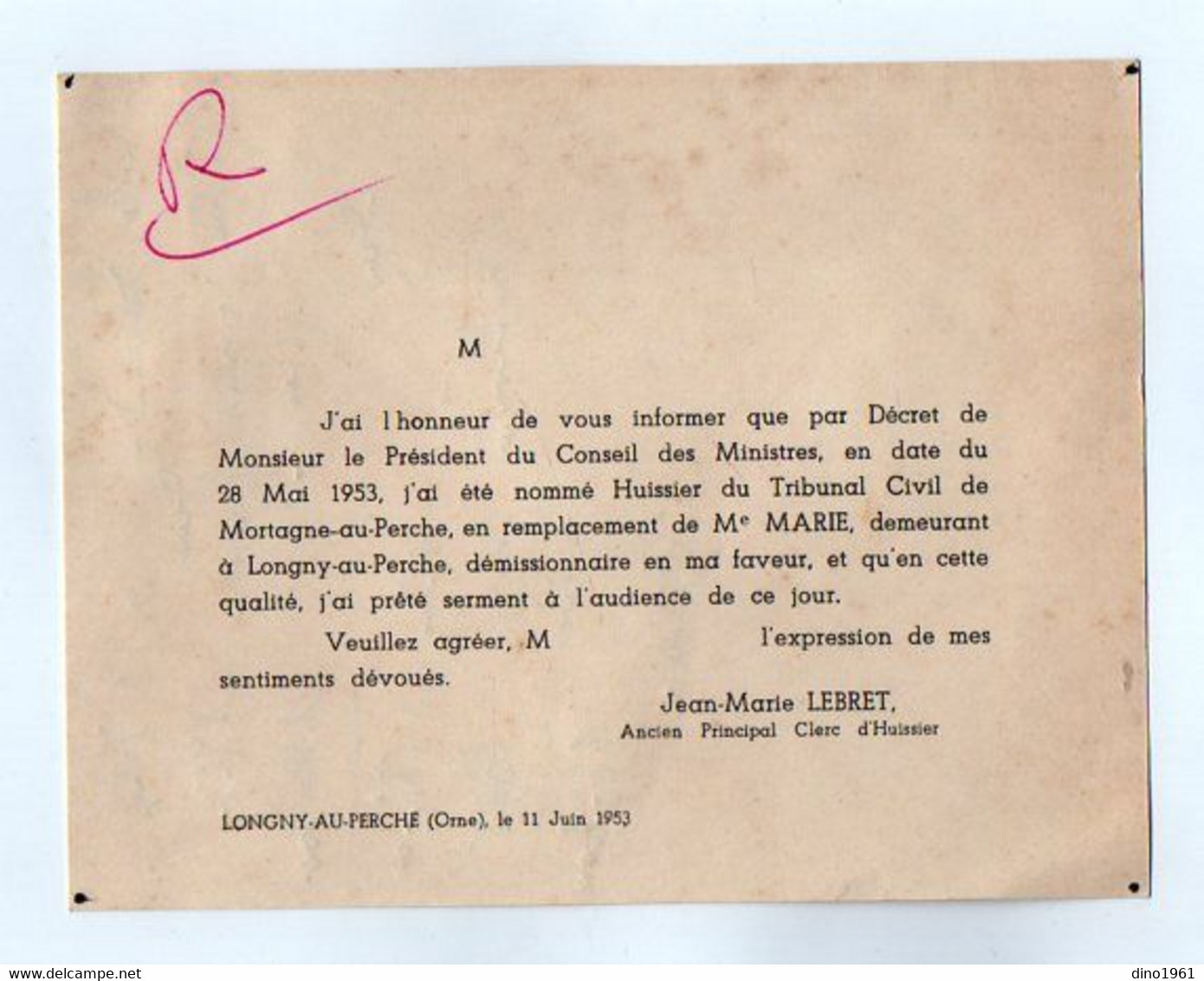 VP21.365 - 1953 / Faire - Part / Nomination De Me Jean - Marie LEBRET Huissier Du Tribunal Cicil De MORTAGNE AU PERCHE - Otros & Sin Clasificación