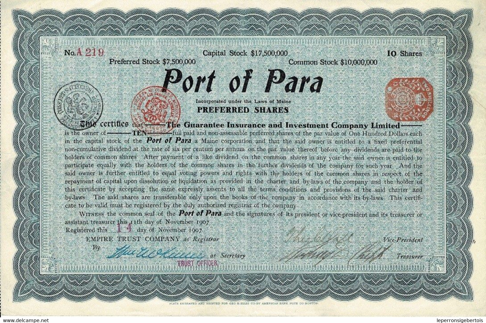 Titre De 1907 - Port Of Para - Certificat Nominatif De Valeur Américaine - - Transport