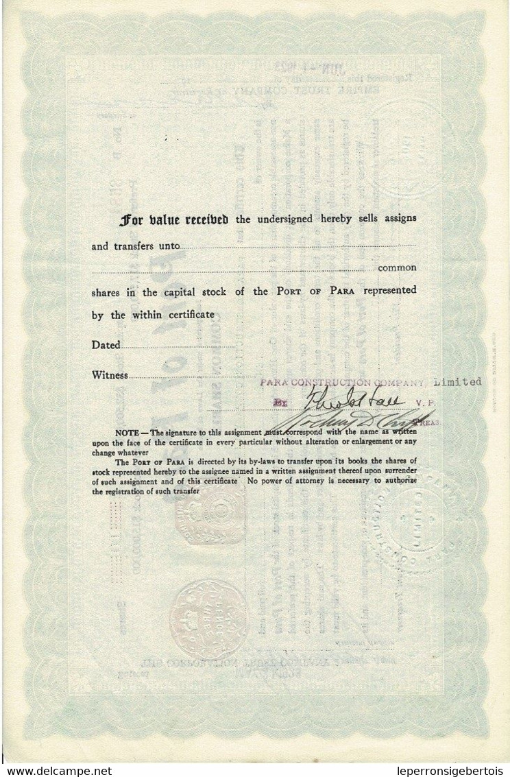Titre De 1923 - Port Of Para - Certificat Nominatif De Valeur Américaine - - Transporte
