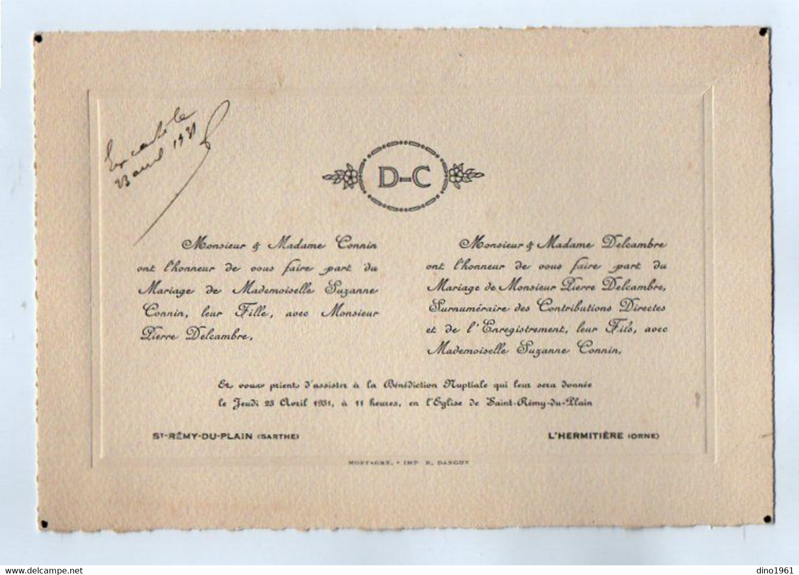 VP21.368 - SAINT REMY DU PLAIN X L'HERMITAGE 1931 / Faire - Part De Mariage De Mr P. DELAMBRE Avec Melle Suzanne CONNIN - Mariage