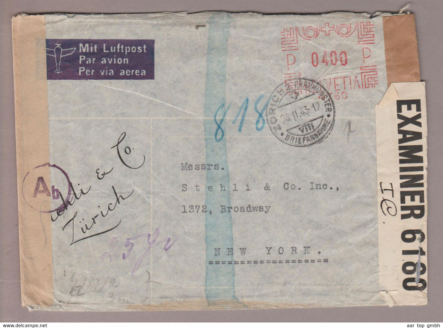 CH Firmenfreistempel 1943-02-24 Zürich2 Brief Nach New York 400 Rp. Mit Geheimschriftsprüfung - Affranchissements Mécaniques