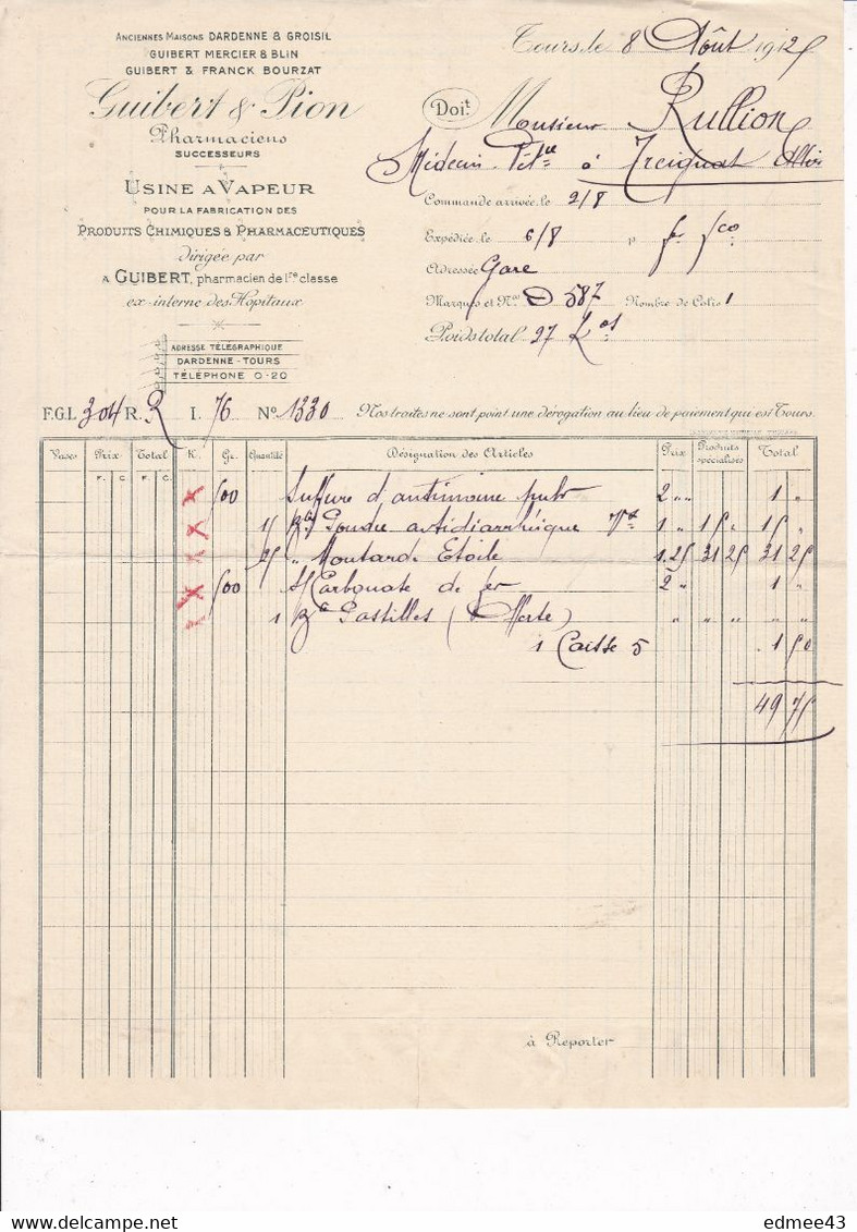 Rare Facture 1925 Guibert & Pion, Pharmaciens, Tours - Droguerie & Parfumerie