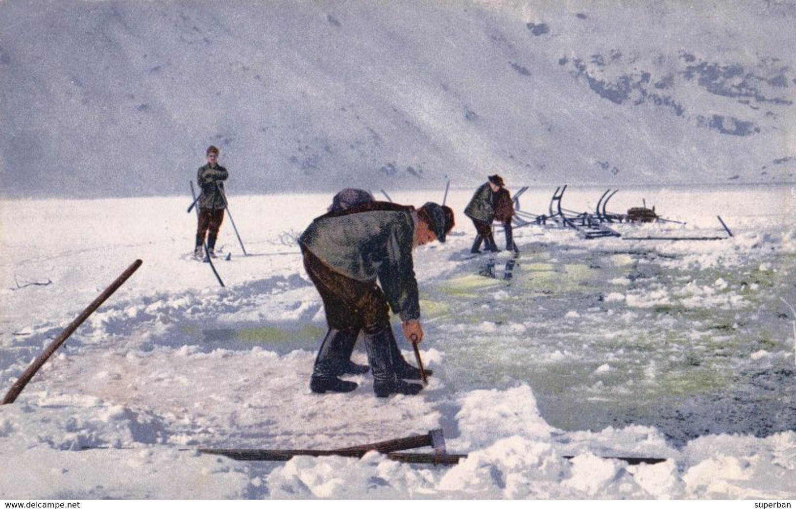 DAS RIESENGEBIRGE Im WINTER : EISGEWINNUNG AUF DEM GROSSEN TEICH / ICE RECOVERY ON THE LARGE POND ~ 1910 (ak953) - Schlesien