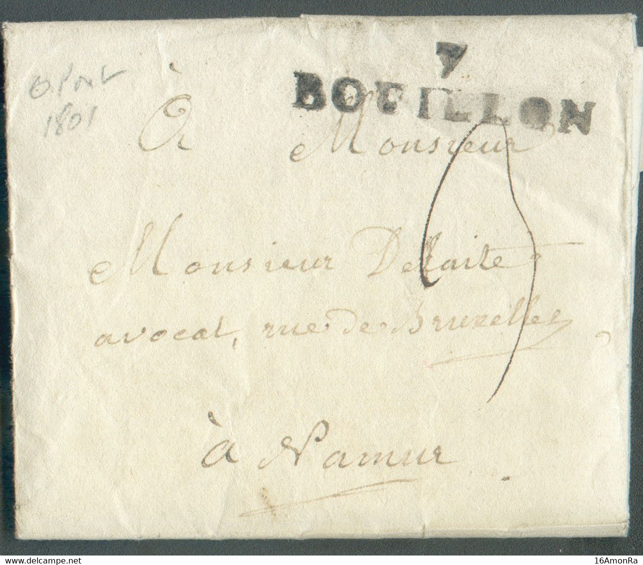 LAC Datée De (les) HAYONS, Via Griffe  7 BOUILLON (province De Luxembourg) Le 21 Septembre 1801 Vers Namur. H.7. Splendi - 1794-1814 (French Period)