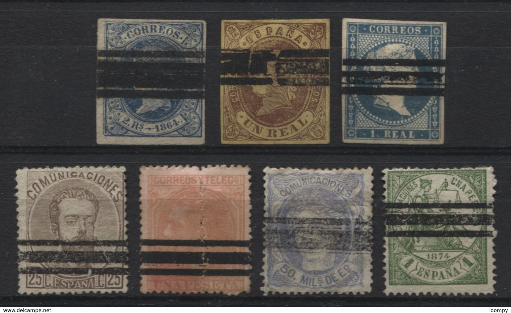 Spain 7 Old Stamps Out Of Course And Linear Black Cancel - Collections