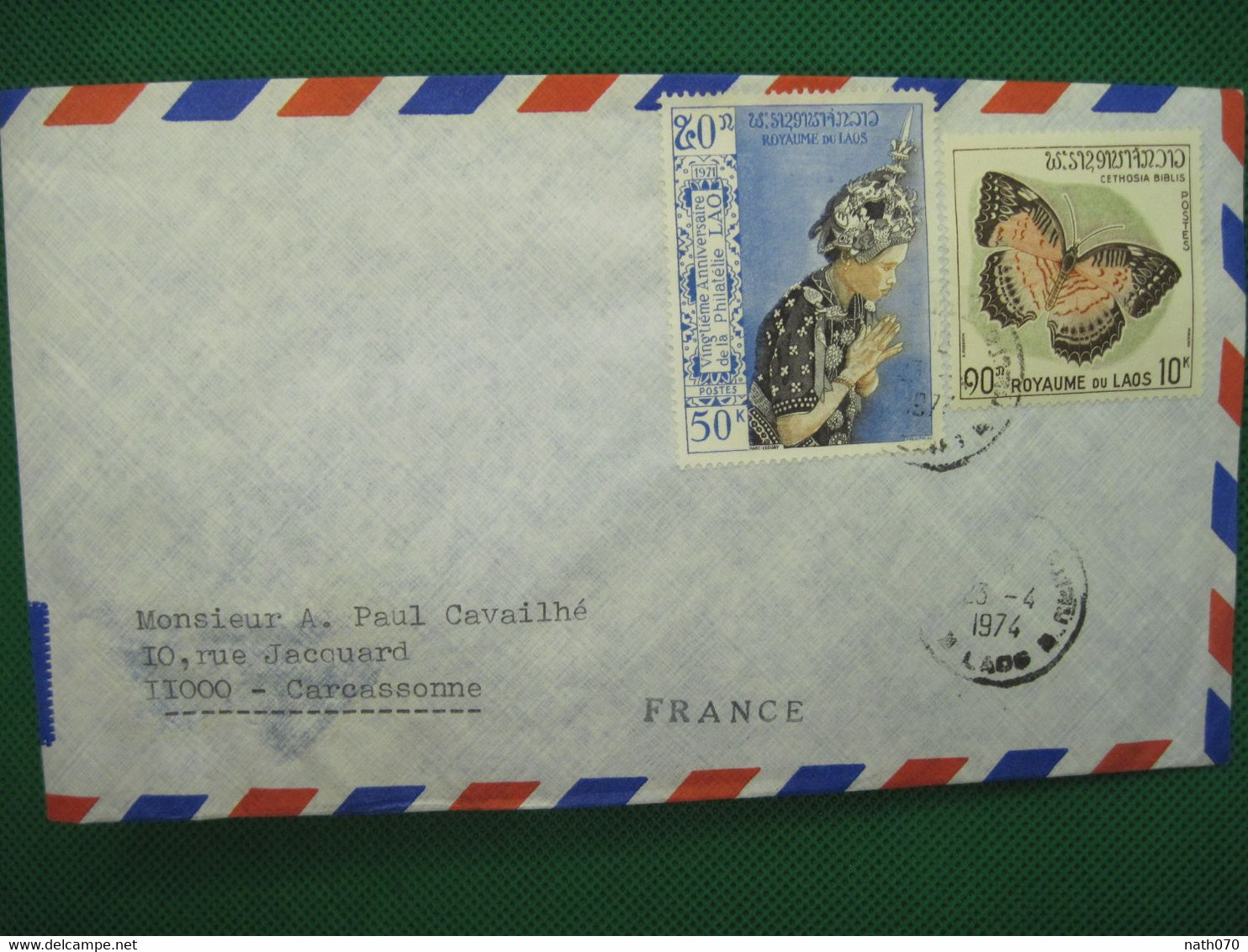 1974 Laos Carcassonne France Cover Air Mail Poste Aérienne Mission Catholique Vientiane - Laos