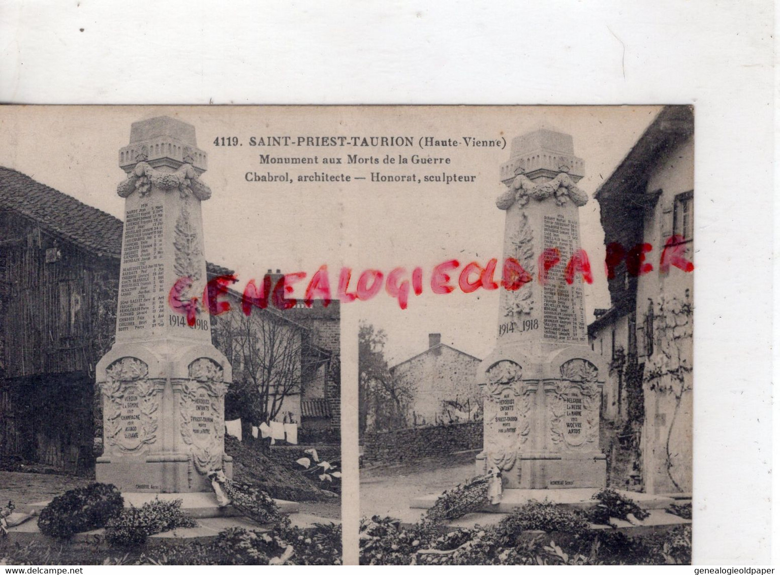 87- ST SAINT PRIEST TAURION - MONUMENT AUX MORTS GUERRE- CHABROL ARCHITECTE-HONORAT SCULPTEUR-RARE VUE STEREO - Saint Priest Taurion