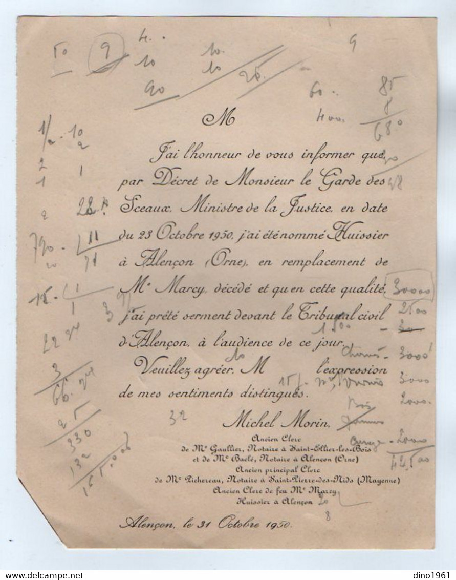 VP21.370 - 1950 / Faire - Part / Nomination De Mr Michel MORIN Huissier Du Tribunal Civil D'ALENCON - Otros & Sin Clasificación