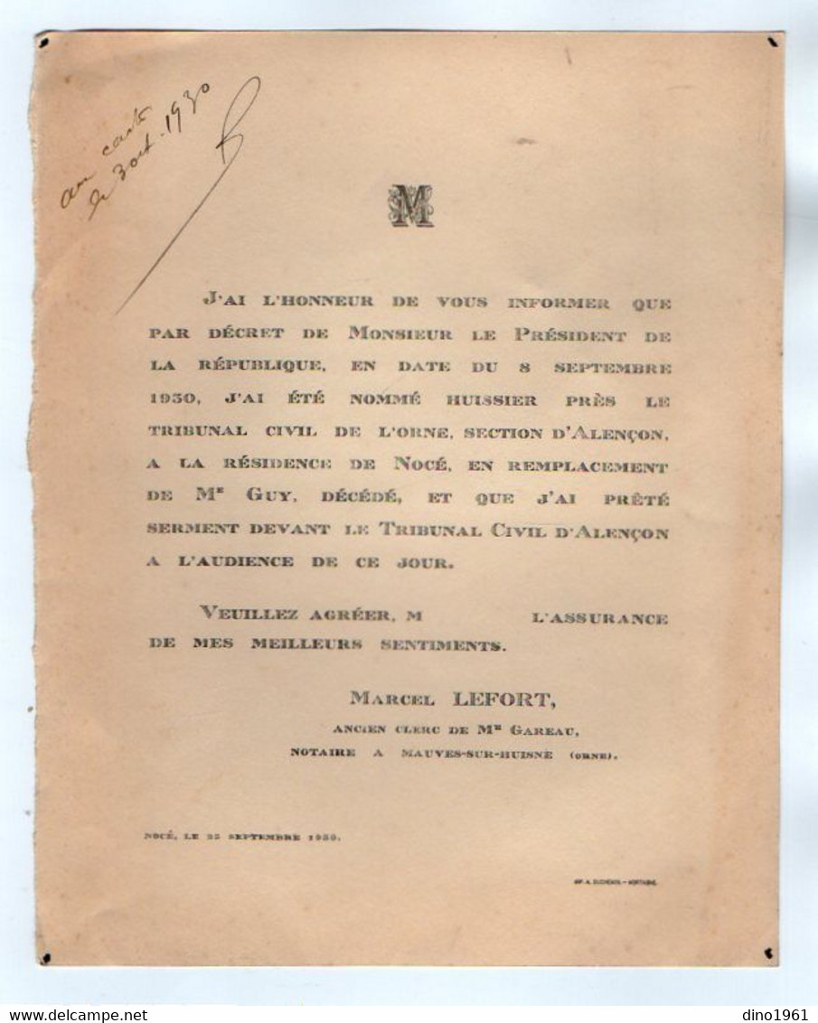 VP21.373 - NOCE 1930 / Faire - Part / Nomination De Mr Marcel LEFORT Huissier Près Le Tribunal Civil D'ALENCON - Andere & Zonder Classificatie