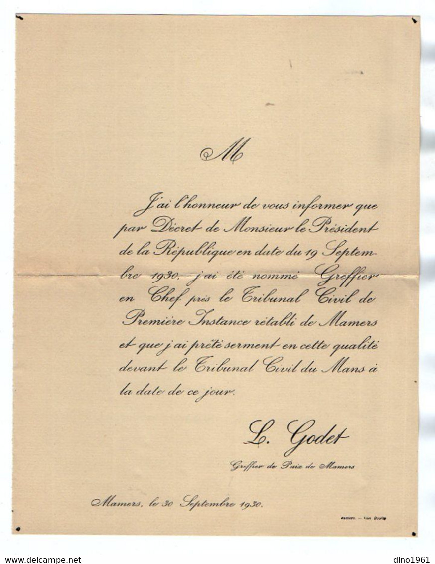 VP21.374 - 1930 / Faire - Part / Nomination De Mr L.GODET Huissier En Chef Près Le Trbunal Civil De MAMERS - Autres & Non Classés