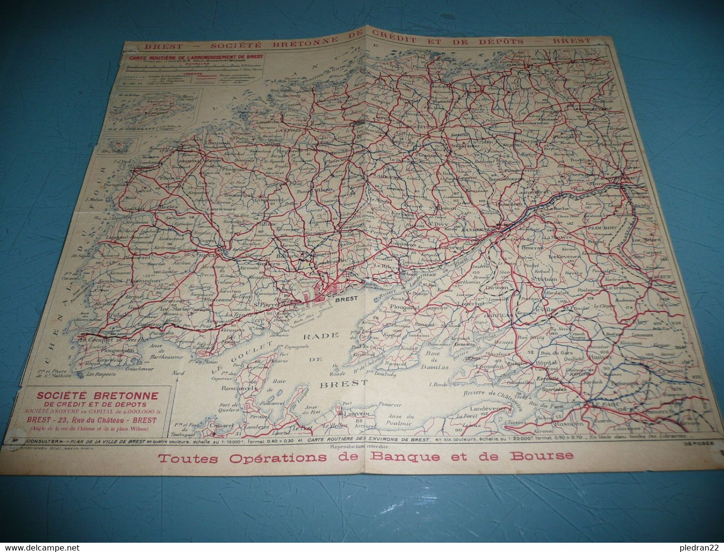 BRETAGNE ANCIENNE CARTE ROUTIERE NORD FINISTERE SOCIETE BRETONNE DE CREDIT ET DE DEPOTS 1924 - Cartes Routières