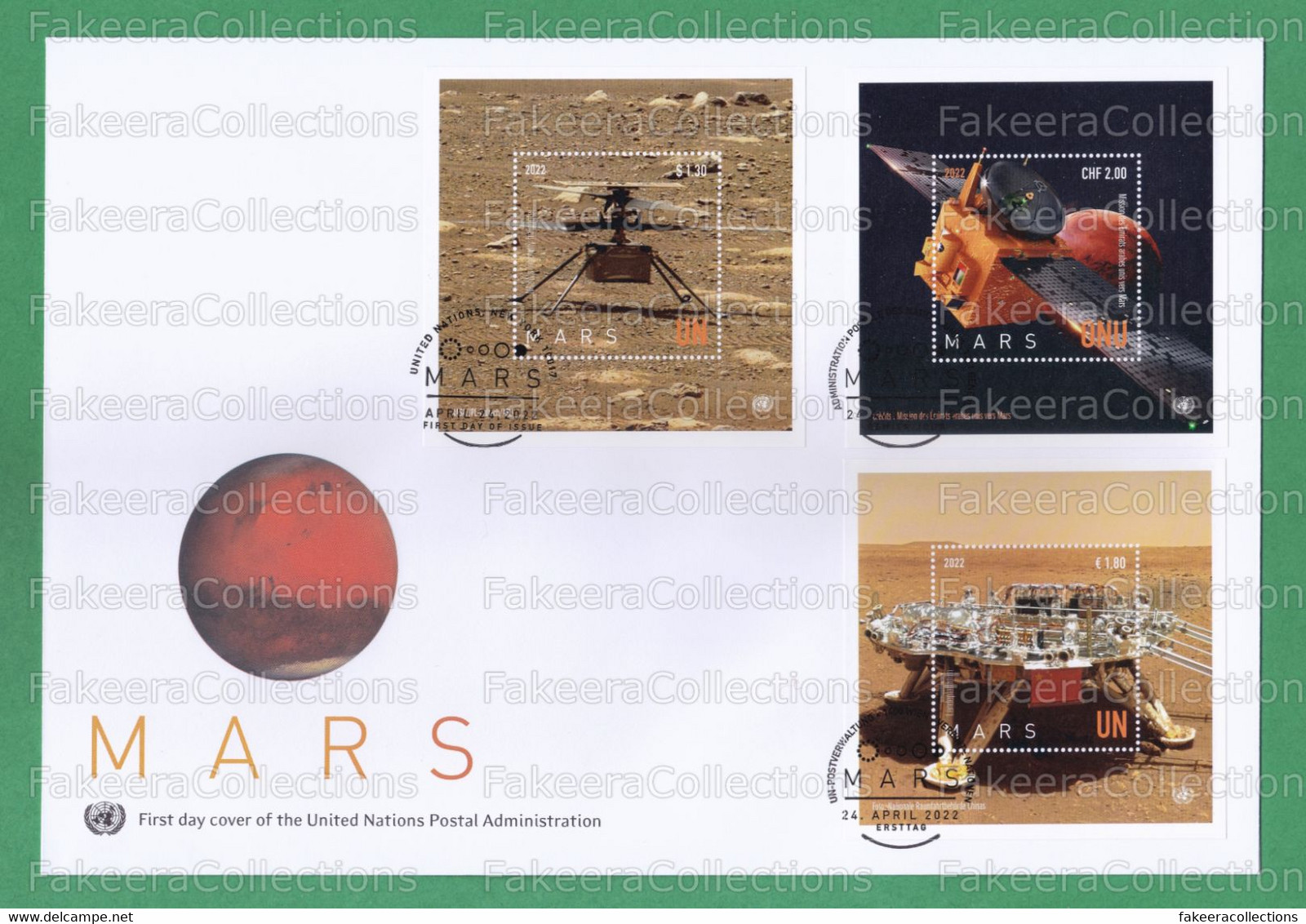 UNITED NATIONS / UNO / UN 2022 - PLANET MARS 2020 3v S/S FDC - USA NASA Mars Mission, UAE Mars Hope Probe, CHINA Tianwen - Amérique Du Nord