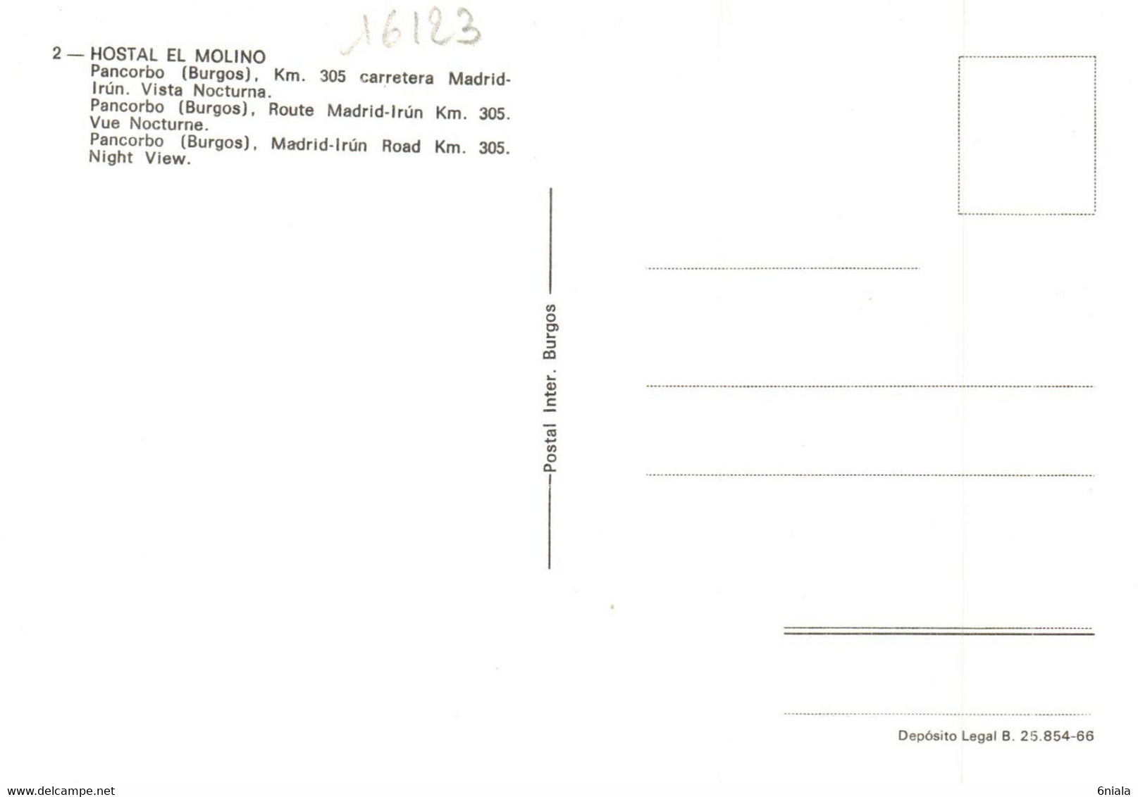 16123   HÔTEL HOSTAL EL MOLINO  PANCORBO  BURGOS  Vue Nocturne (voitures)    Espagne  ( Recto Verso) - Hotels & Restaurants