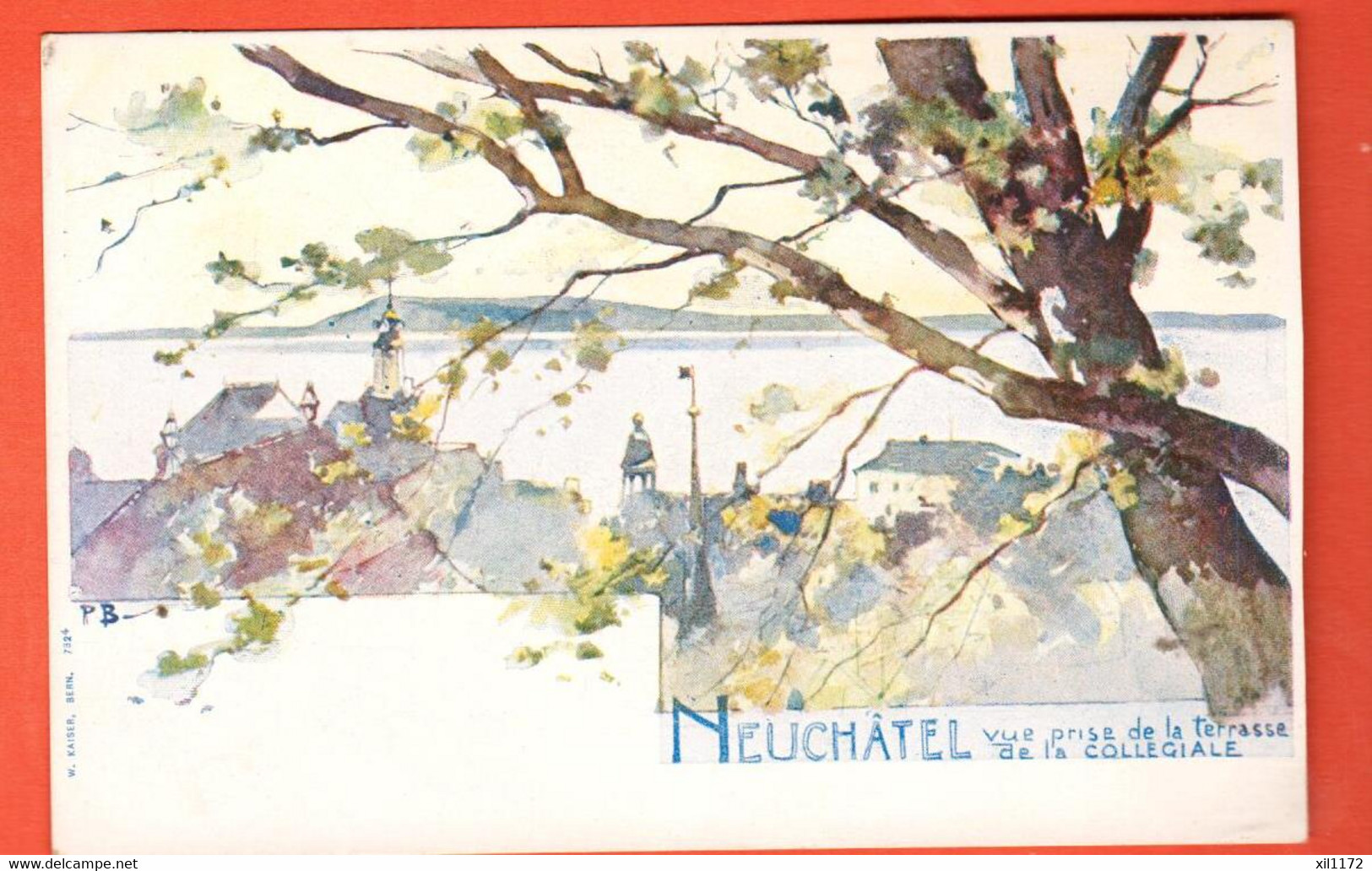 ZEB-26  Litho Neuchâtel Vue Prise De La Terrasse De La Collégiale.  Dos Simple. NC - Neuchâtel