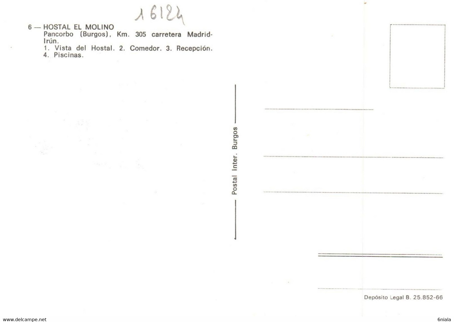 16124   HÔTEL HOSTAL EL MOLINO  PANCORBO  BURGOS      Espagne  ( Recto Verso) - Hotels & Gaststätten