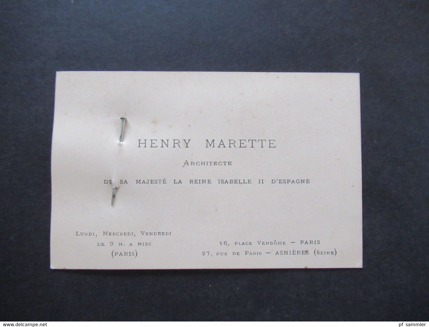 Alte Visitenkarte Ca.1930er Jahre Paris Henry Marette Architecte De La Majeste La Reine Isabelle II D'Espagne - Visiting Cards