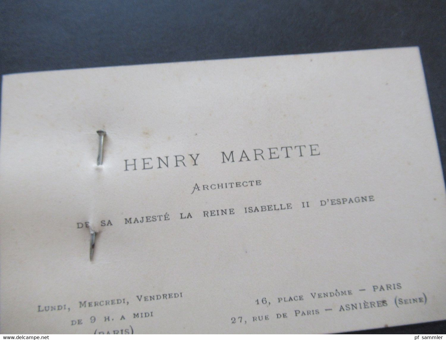 Alte Visitenkarte Ca.1930er Jahre Paris Henry Marette Architecte De La Majeste La Reine Isabelle II D'Espagne - Cartoncini Da Visita