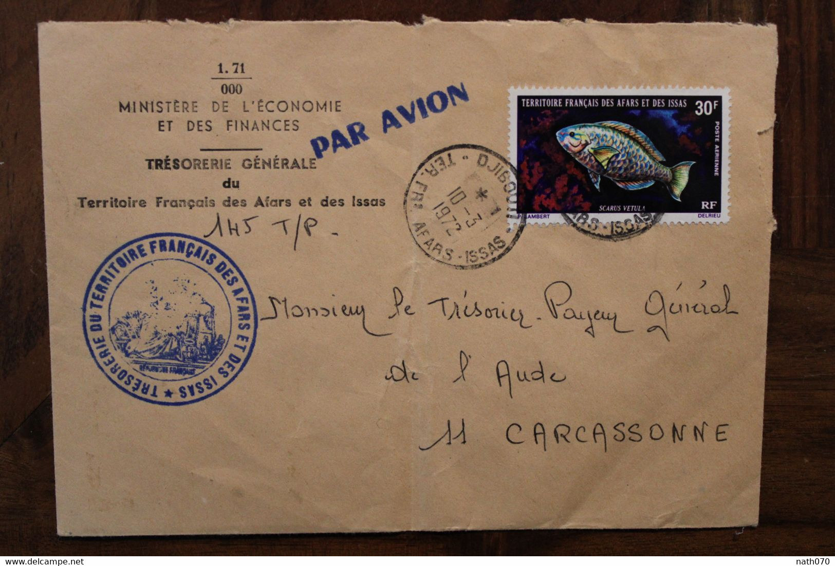 Afars Et Issas Somalis France 1972 DJIBOUTI Trésorerie Générale Air Mail Colonie Cover Poste Aerienne Carcassonne - Lettres & Documents