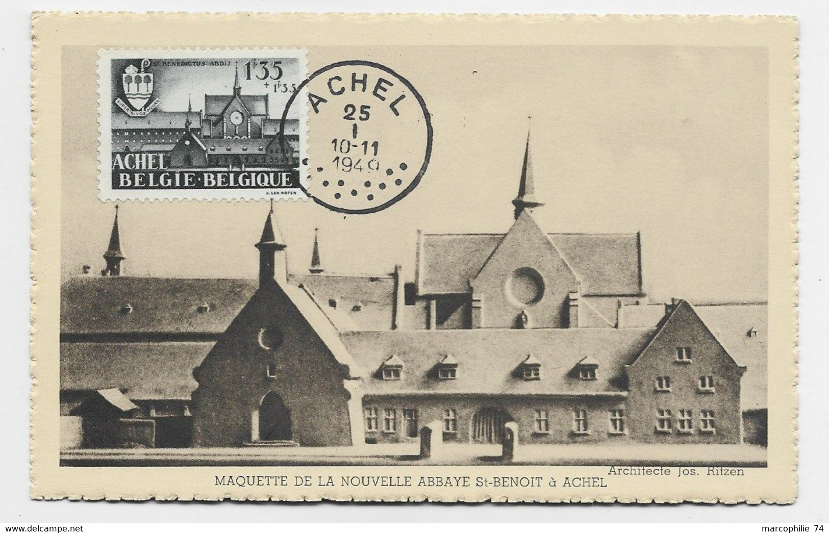 BELGIQUE 1FR35 CARTE MAXIMUM  MAQUETTE ABBAYE ST BENOIT ACHEL 25.1.1949 - 1934-1951