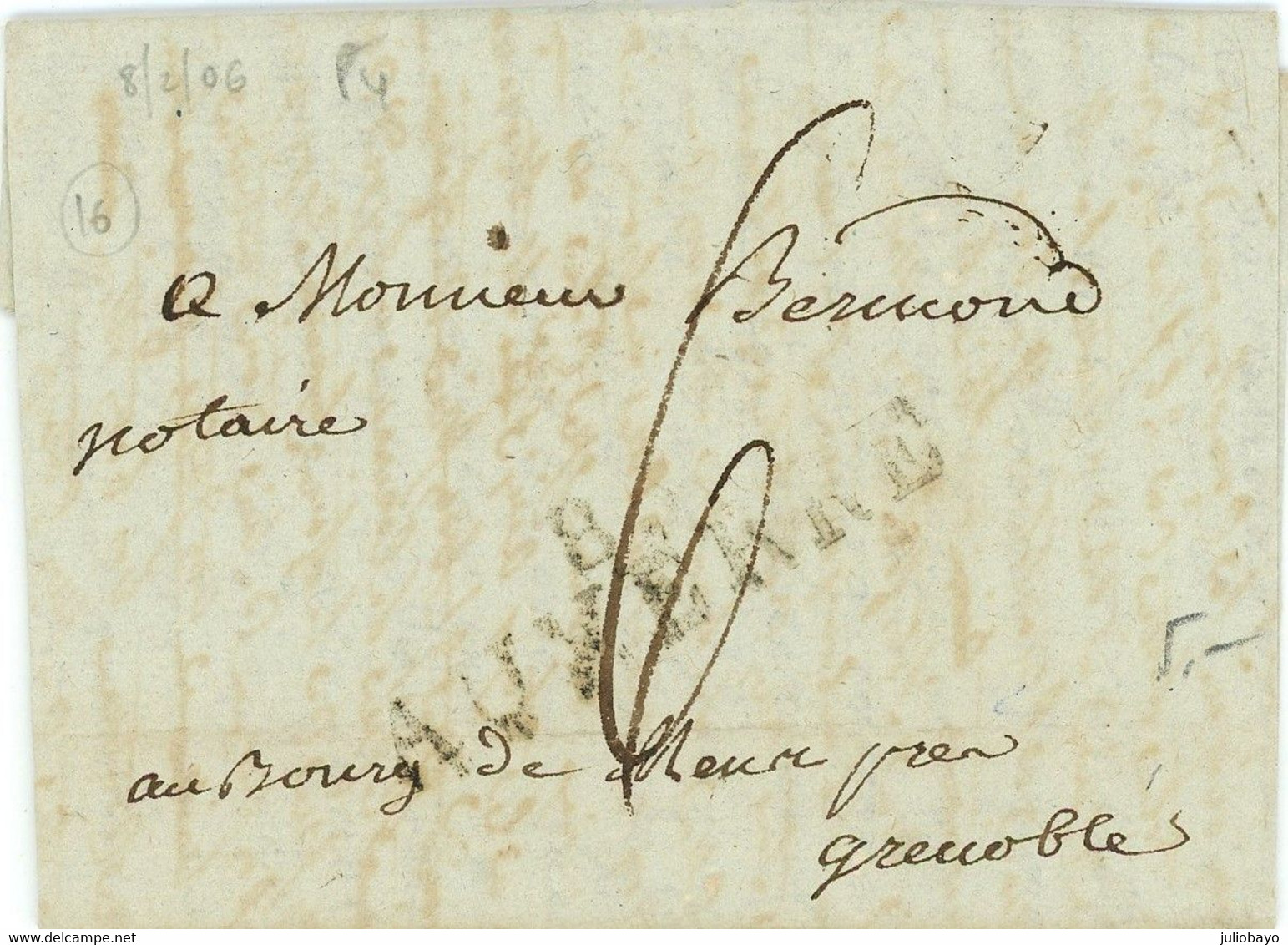 8 Fevrier 1806 Marque 83 AUXERRE Vers Le Bourg De Meur Pres De Grenoble - 1801-1848: Précurseurs XIX