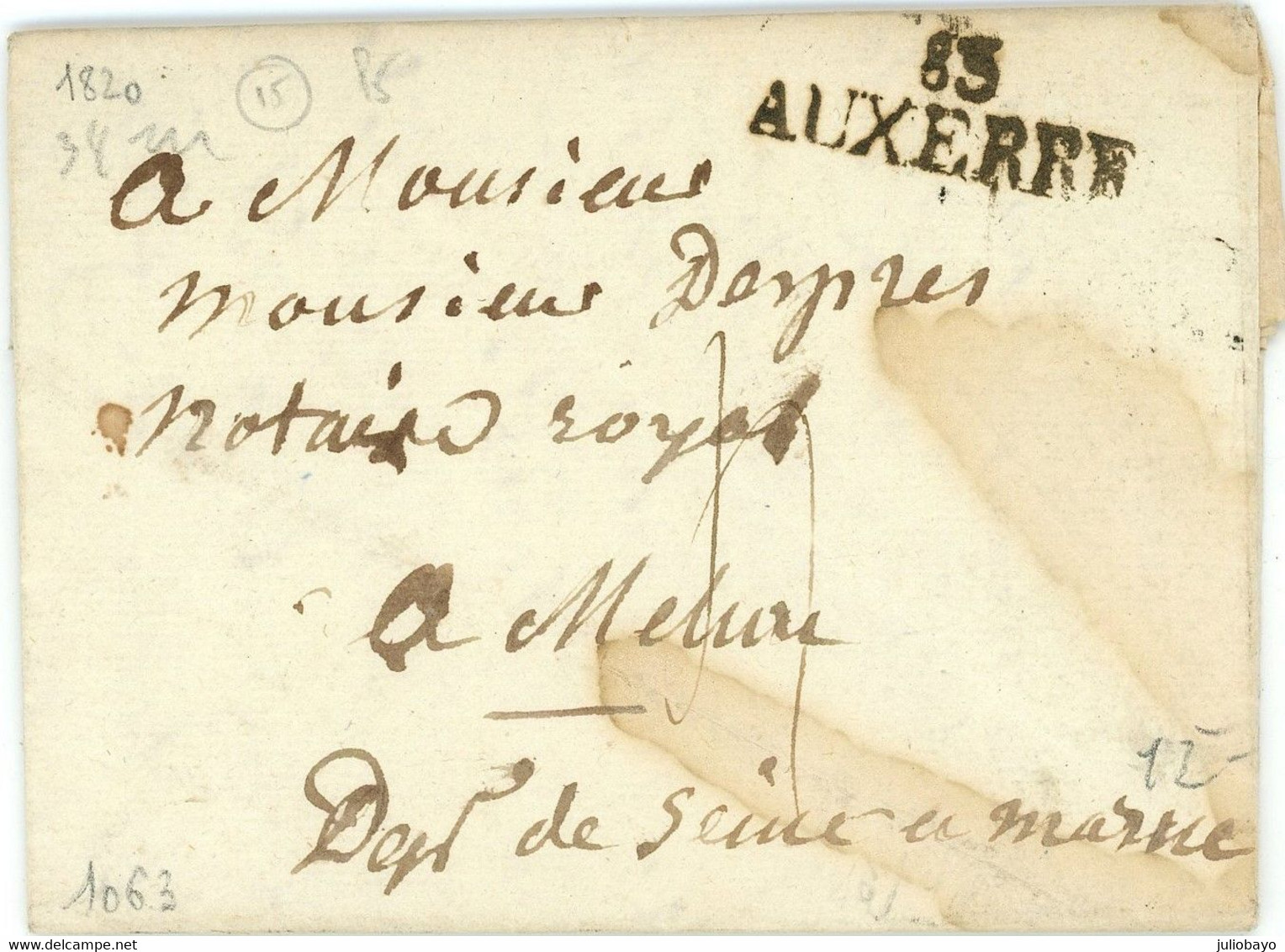 22 Septembre 1820 Marque 83 AUXERRE Vers Melun Seine Et Marne - 1801-1848: Precursors XIX
